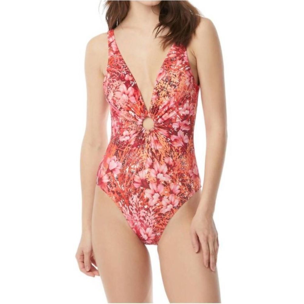 Carmen Marc Valvo Floral Ring-Front One-Piece Swimsuit in Red and Pink Size 10
